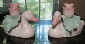 VINTAGE '80s FITZ & FLOYD PORCELAIN WHITE DUCK CANDLE HOLDERS WITH PINK & GREEN TULIPS & LEAVES