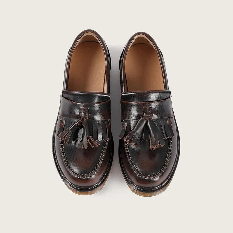 Waxingleather Penny Loafers with Tassels Handmade Working Shoes Black/Brown