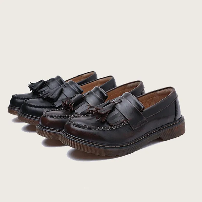 Waxingleather Penny Loafers with Tassels Handmade Working Shoes Black/Brown