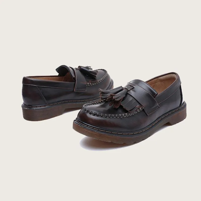 Waxingleather Penny Loafers with Tassels Handmade Working Shoes Black/Brown