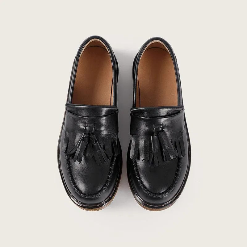 Waxingleather Penny Loafers with Tassels Handmade Working Shoes Black/Brown