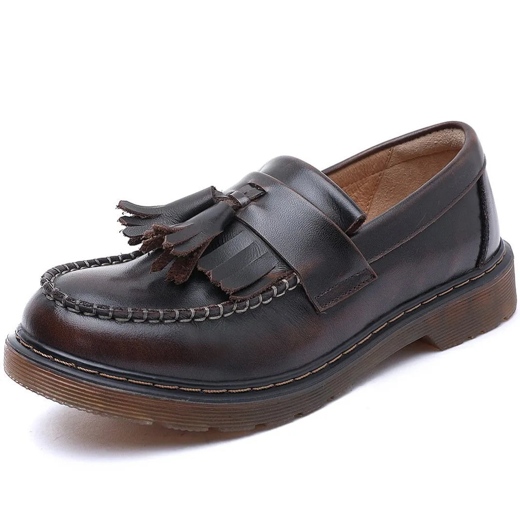 Waxingleather Penny Loafers with Tassels Handmade Working Shoes Black/Brown