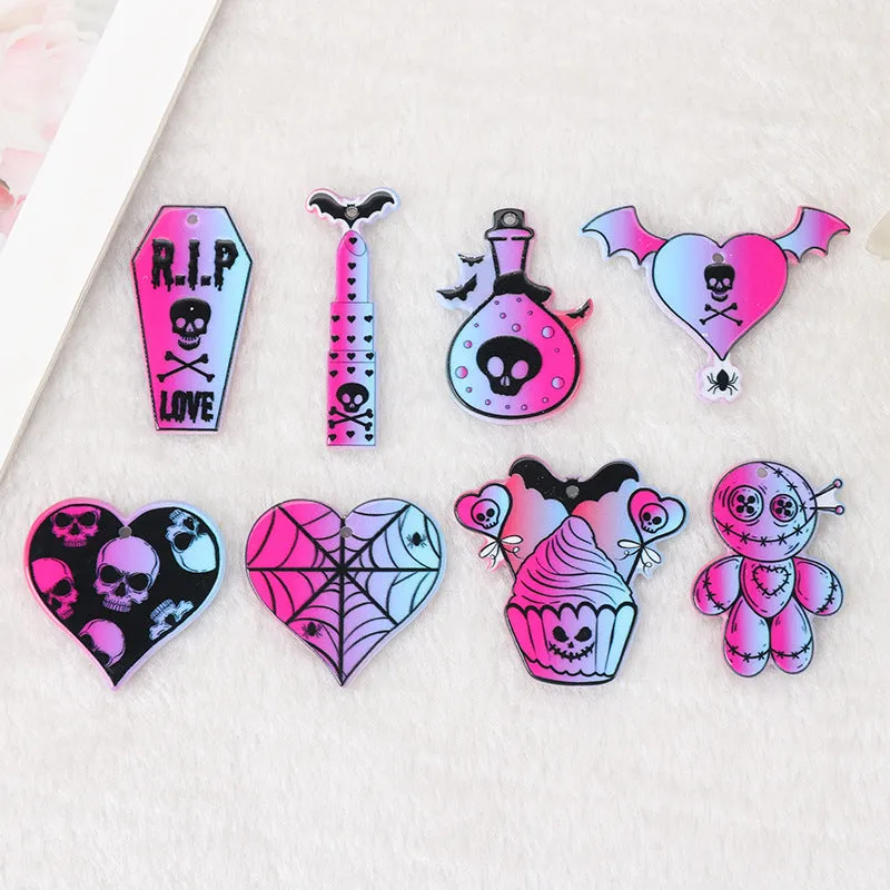 Wholesale 10pcs Acrylic Halloween Skull RIP Witch Doll DIY Earrings Keychain Accessories